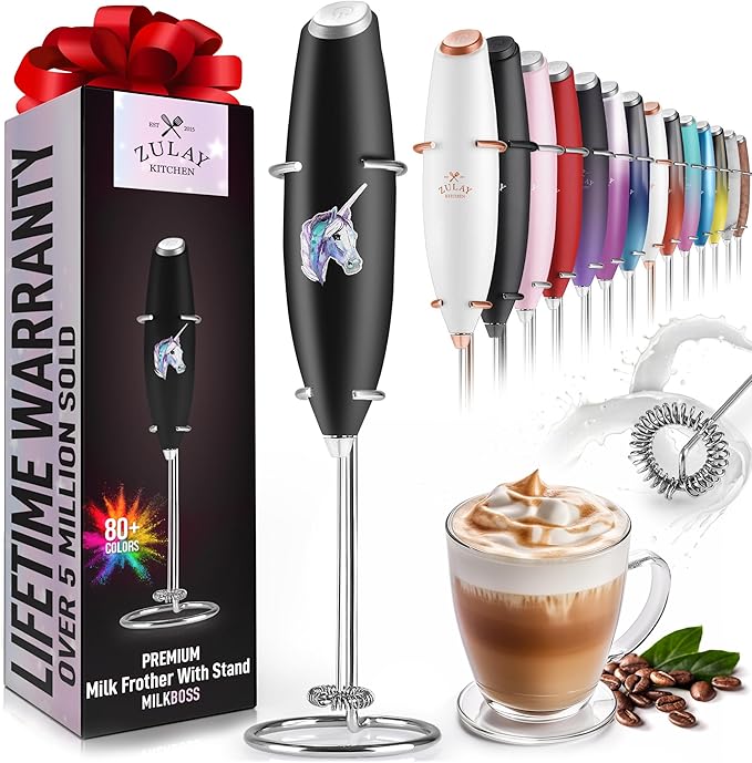 Zulay Kitchen Powerful Milk Frother Handheld Foam Maker for Lattes - Whisk Drink Mixer for Coffee, Mini Foamer for Cappuccino, Frappe, Matcha, Hot Chocolate - Unicorn Black
