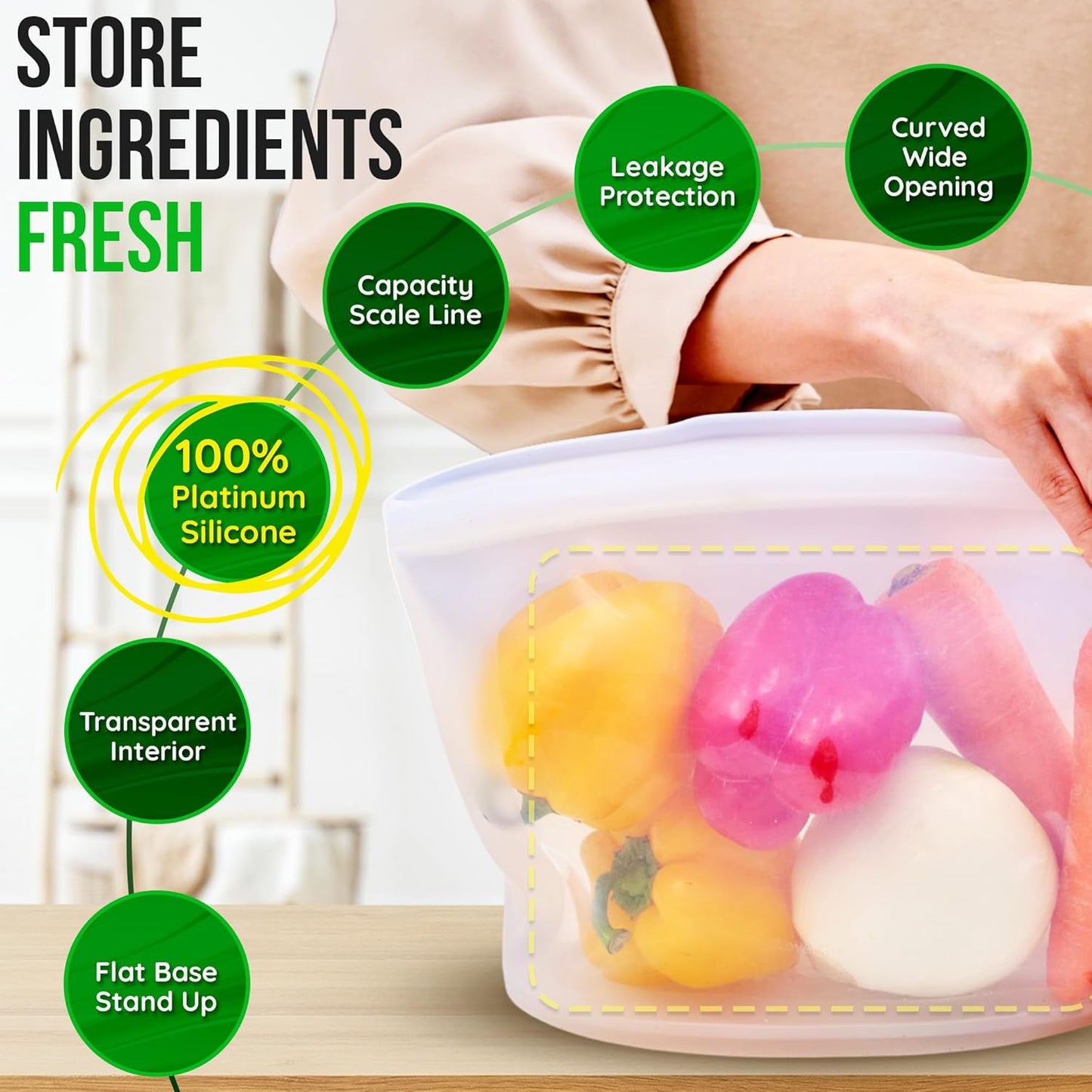 Reusable Silicone Food Storage Bags 3Set Airtight food Storage Containers Food Grade Silicone Snack Bags, BPA Free Food Storage Container, Microwave Safe, Sous Vide Container, White, 17oz+29oz+51oz