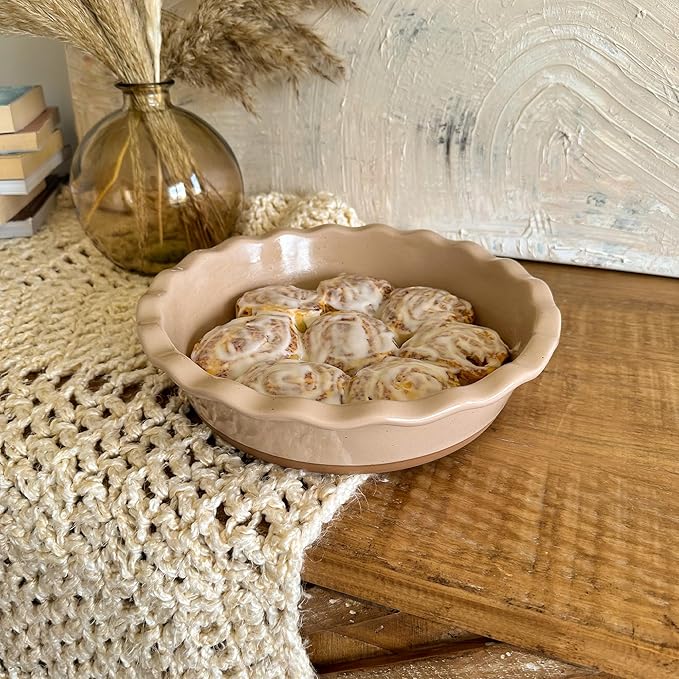 MORA Ceramic Pie Pan for Baking - 9 inch - Deep and Fluted Pie Dish for Old Fashion Apple Pie, Quiche, Pot Pies, Tart, etc - Modern Farmhouse Style Porcelain Ceramic Pie Plate - Chai