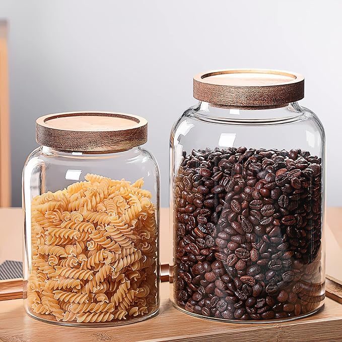 MOLFUJ 2000ML 66FL Oz Glass Storage Container with Wood Lid Large Decorative Organizer Bottle Canister Pantry Jar with Air Tight Wooden Lid for Food Coffee Candy Cereal Rice Flour Pop Spaghetti