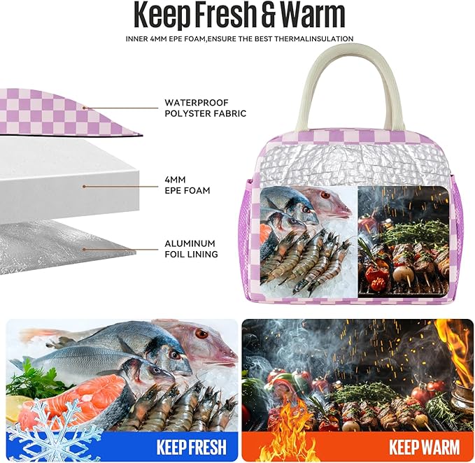 douyadady Lunch Bag Women/Men Lunch Box Women/Men (Purple+Pink Checkerboard)