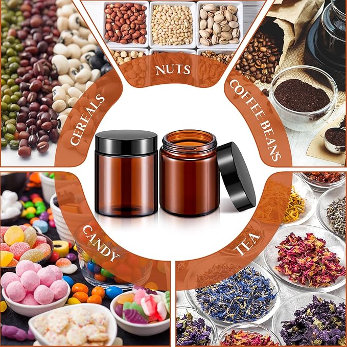 Domensi 48 Pcs Bulk 6oz Glass Jars with Lids Leakproof Round Airtight Empty Cosmetic Jars with Inner Liners Lid for Storing Lotions Spices Ointments Food Storage (Amber)