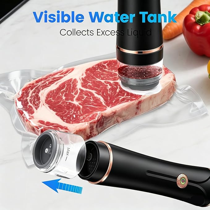 Compact Vacuum Sealer for Food with Visible Tank, Handheld Vacuum Sealer Machine, Includes 30 Reusable Bags, Seal Food 6X Fresh Longer, Wireless & Portable, Suitable for Kitchen and Travel, Black