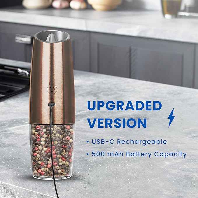 Rechargeable Electric Salt and Pepper Grinder set of 2, gravity electric salt and pepper grinder set, Adjustable Roughness, LED Light, 2 Pack, (Copper)