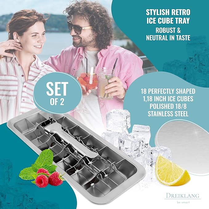 Stainless Steel Polished Set 2-Pack Ice Cube Tray for freezer Ice Cube Tray with Lever Insert for Easy Release | Food-Safe & Durable Ice Cube Maker | Plastic-Free Large