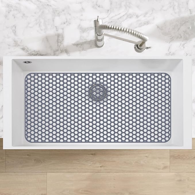 Bestjing Silicone Sink Protectors for Kitchen Sink - 28.3"x 15.7" Kitchen Protector Accessory, Non-Slip Heat Resistant Mat for Bottom of Farmhouse Stainless Steel Porcelain (Gray)
