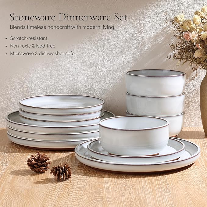 E-far Stoneware Dinnerware Sets for 4, 12 Pieces Reactive Glaze Plates and Bowls Sets, Elegant Dishes with Rustic Terracotta Base, Dishwasher & Microwave Safe, Scratch Resistant, Glacier White