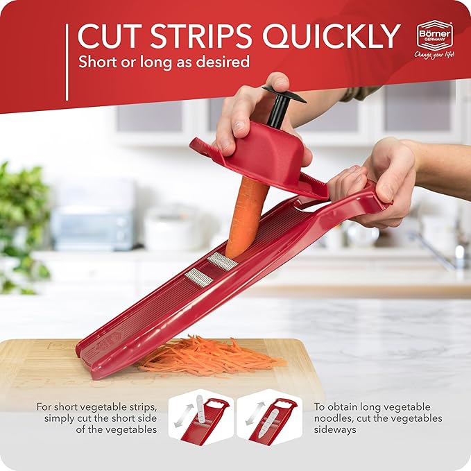 Börner Roko PowerLine Vegetable Slicer Set (2-piece) • Fine Julienne Cutter for Fruit and Vegetables + Safety Guard • Julienne Slicer • Mandoline Slicer Set • Kitchen Slicer (Red)