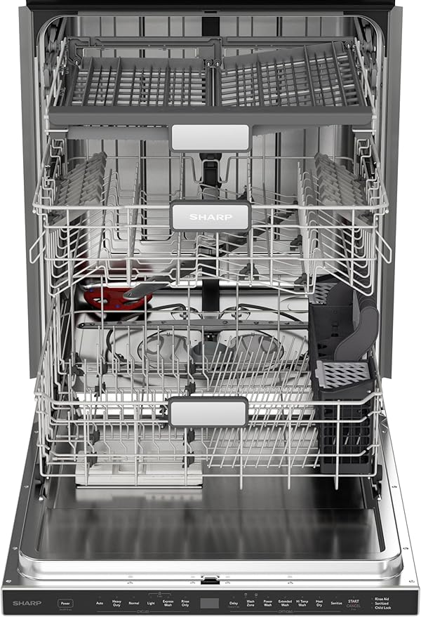 Sharp SDW6726MS 24-inch Stainless Steel Dishwasher, 47 dB Library Quiet, Third Rack, Power Wash Sprayer, 12 Place Settings,