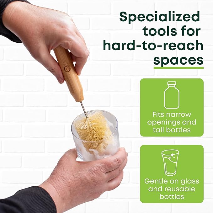 Tieralia Bamboo Dish Brush Set 5 Piece – Eco Friendly Kitchen Cleaning Kit with Bottle Brush, Long Dish Brush, Palm Scrubber & 2 Plant-Based Sponges | Plastic-Free Natural Dish Scrubber