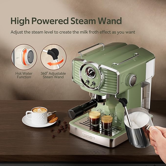 SUMSATY Espresso Machine 20 Bar Espresso Maker with Milk Frother Steam Wand, Professional Expresso Machine for Home Cappuccino & Latte Maker, Retro Coffee Maker with 61oz Water Tank, Matcha Green