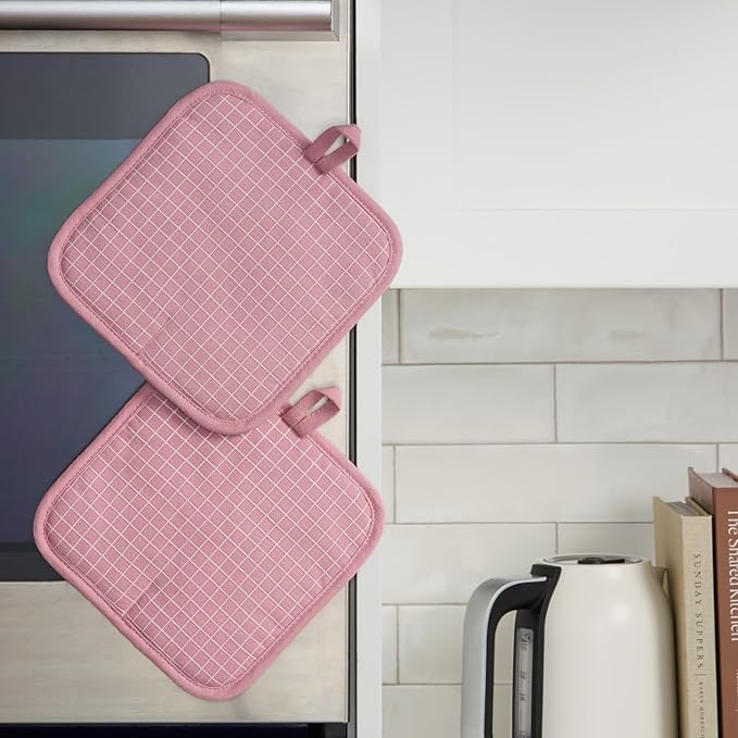 KITCHENAID Gourmet Series Gridlines Pot Holders 2-Pack Set, Heat Resistant up to 600°F, Soft Silicone Grip, Magnetic Cuff, Dried Rose, 8"x8"