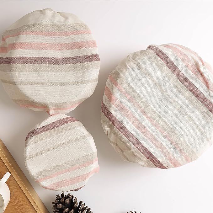 100% Linen Bowl Covers Reusable For Bread Proofing, 4 Pcs Elastic Cloth Fabric Colorful Stripe Bowl Covers, 5.9*7.9*9.8*11.8 Inches, Colorful 3