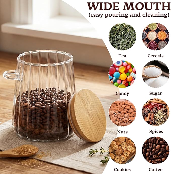 Glass Jar Sugar Container with Bamboo Spoons Lids 24 oz Large Sugar Container Glass Coffee Bowls Canister Coffee Bar Accessories with Labels Preprinted for Salts Tea Spice (12 Pcs)