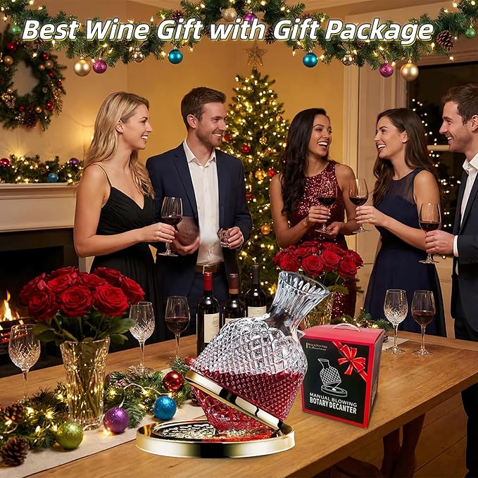 Wine Decanter Set - Spinning Crystal Red Wine Decanter Golden, 1.5L Luxury Wine Aerator Carafes Glass, Jarler Hand Blown lead-free Decanter with Greeting Card, Art Wine Gift for Wine Lover