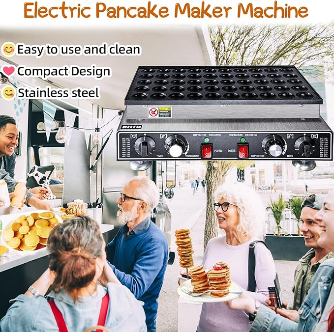 KHTD Mini Pancake Maker Machine, 50PCS Electric Nonstick Dutch Pancake Maker 110V 1600W, Commercial Muffin Maker with 2 Thermostats & 2 Timers Separate Control for Home Restaurant (12"D×21"W×7"H)