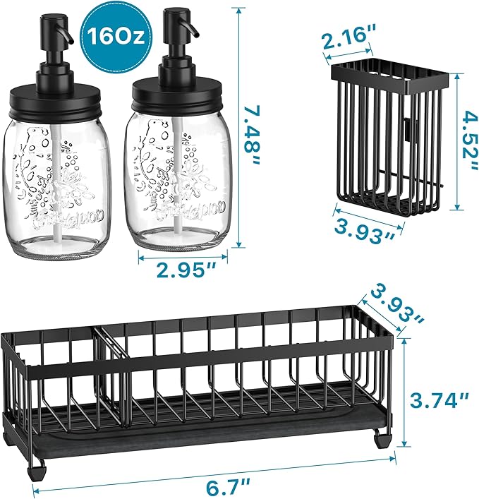 Galasily Mason Jar 16 oz Liquid Soap Dispensers Set with Large Kitchen Sink Caddy, Black Rustproof Stainless Steel Pump, Refill Hand Soap, Dish Soap, Vintage Farmhouse Decor for Bathroom, Kitchen