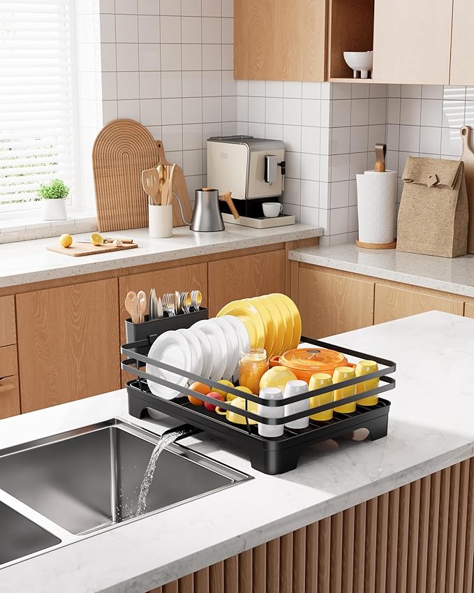 Kitsure Dish Drying Rack - Multi-Functional Dish Rack for Kitchen Counter with Cutlery Holder, Rust-Proof Storage Solution with Rotatable, 15.7" x 12.0" x 5.5", Black