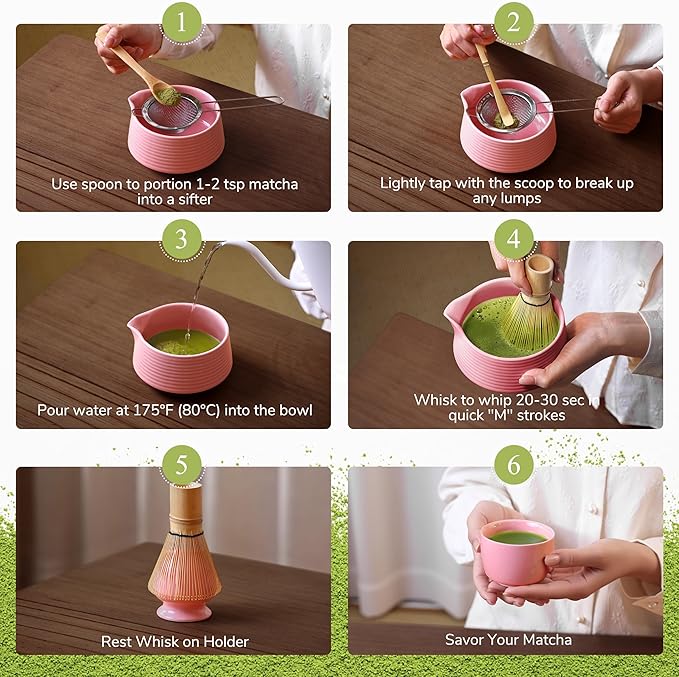 HELPLX Matcha Whisk Set 10-Piece Japanese Matcha Kit with BowlWhisk & Holder2 Tea CupsBamboo ScoopSpoonSifterScoop Rest & Tea Towel – Pink Matcha Tea Set for Ceremony or Daily Use