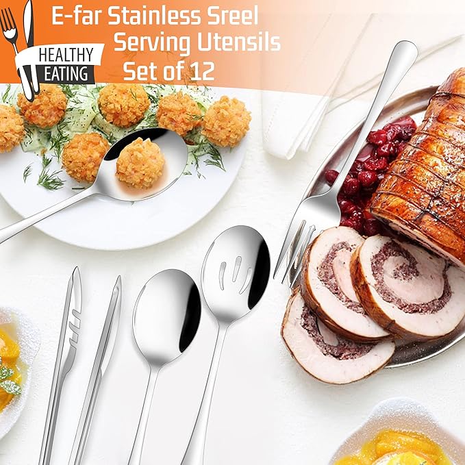 12-Piece Large Serving Utensils Set, E-far Stainless Steel 9.8 Inch Serving Slotted Spoons, 9.9 Inch Fork, 9.4 Inch Tong for Buffet Catering Banquet, Mirror Finish & Dishwasher Safe