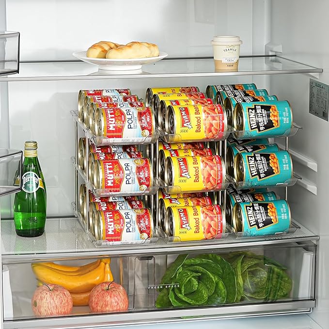 Amllas Can Organizer for Pantry, Stacking Can Storage Organizer Pantry, Automatic Rolling Can Rack for Fridge, 2Tire 3 Columns Can Holder for 24 Cans, Canned Goods Organizer