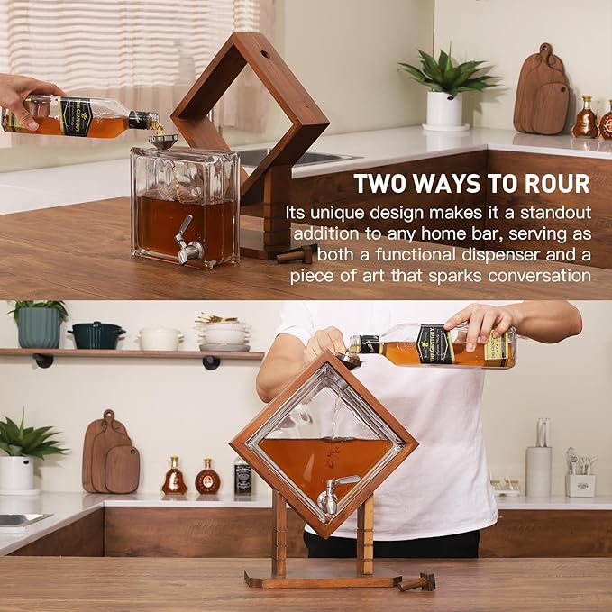 Whiskey Decanter with Wood Stand, Liquor Dispenser for Home Bar and Mancave Decor, Unique Birthday Christmas Gift for Men Dad and Whiskey Lovers, Bourbon Scotch Tequila