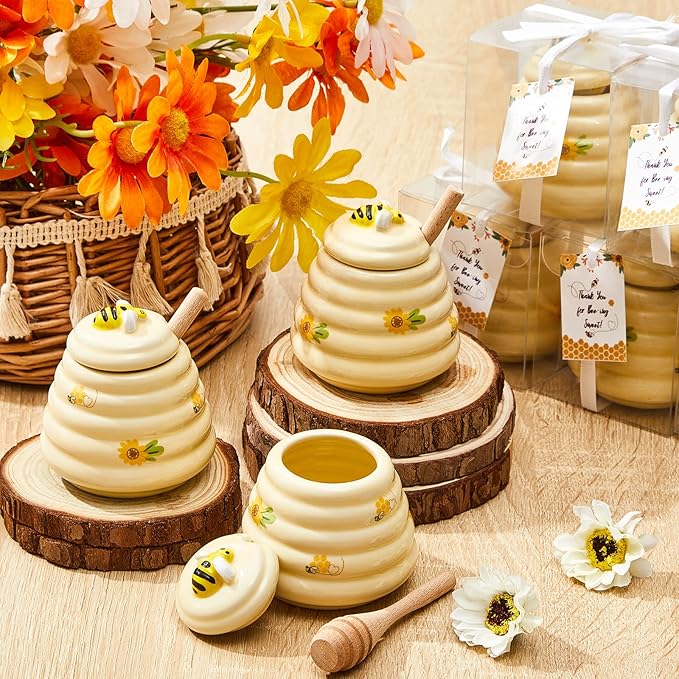 Yinder 1 Pcs Baby Shower Prize for Winners Honey Party Favors 3 oz Ceramic Honey Jars with Dippers Mini Bee Themed Pots with Goodie Boxes for Baby Shower Wedding Favors Bee Themed Party Gifts