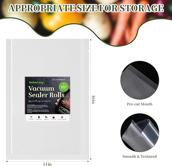 Vacuum Sealer Bags For Food - 100 Quart 11" x 16" - Commercial Grade BPA Free Bag - Durable Customized Size Food Vac Bags for Storage and Sous Vide Cooking - Puncture Prevention