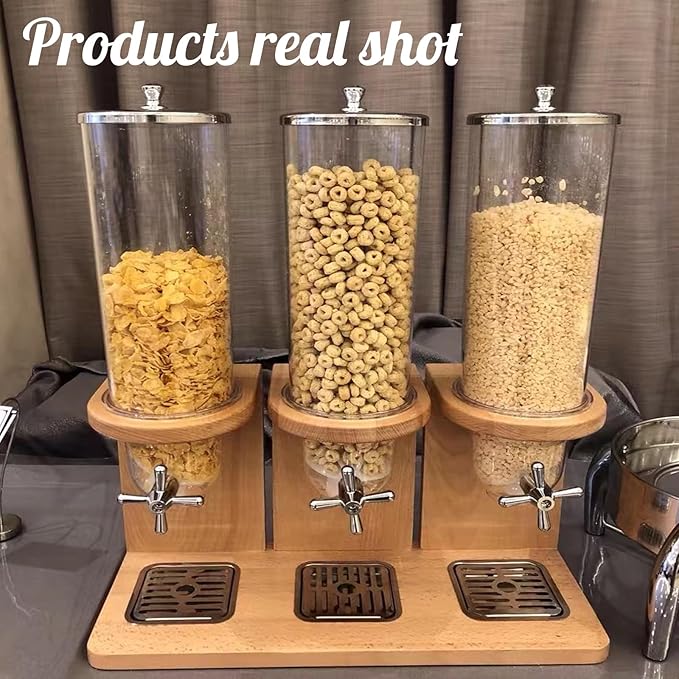 Easy Clean Cereal Dispenser Dry Food Dispenser Countertop Cereal Container Storage Dispenser with PC Bucket And Wooden Base,three barrel