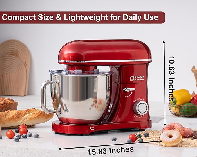 Kitchen in the box Stand Mixer - 8.5 Quart Mixing Bowl with Handle, 900 Watt Heavy Bread Dough Standing Mixers Tilt-head with Dough Hook, Whisk, Flat Beater and Splash Guard (Red)