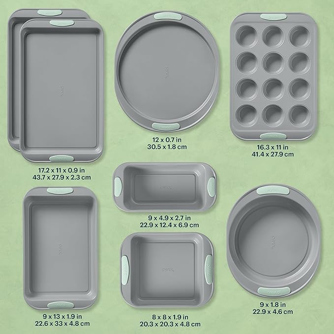 Pyrex (8-Piece) Metal Bakeware Set, Lightweight Stainless Steel Baking Trays with Heatsafe Silicone Handles, Cookie & Muffin Sheets, Round/Square Baking Pans, Sage
