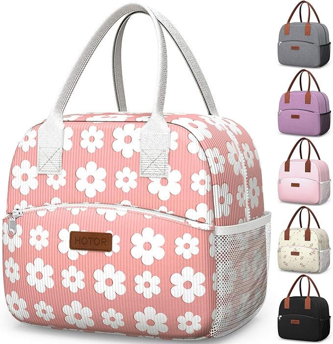 HOTOR Lunch Bag for Women & Men - Wear-Resistant Insulated Lunch Box with Large Capacity, Multi-Functional Cooler Bag for Office, Picnic, Pink with White Daisy, 10L,10.60" x 5.90" x 9.50"