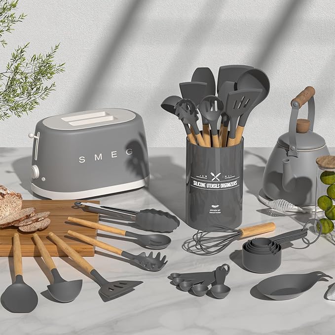 Umite Chef Kitchen Cooking Utensils Set, 33 pcs Non-stick Silicone Spatula Set with Holder, Woodle Handle Heat Resistant Gadgets Utensil (Gray)
