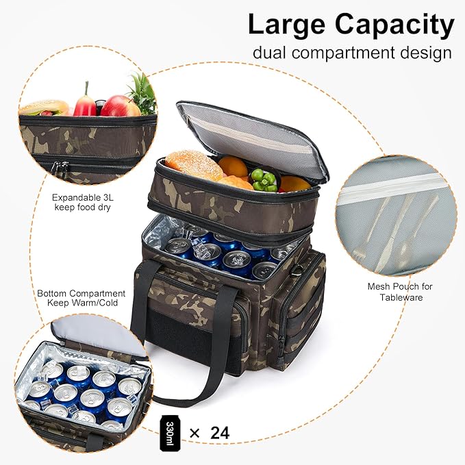 Gafetrey Tactical Lunch Box for Men, Insulated Bag Adult, Thermal Lunchbox Leakproof Waterproof Cooler Bag, Dual Compartment tote, Large Pail Work Office Camping Travel(Black Camo)