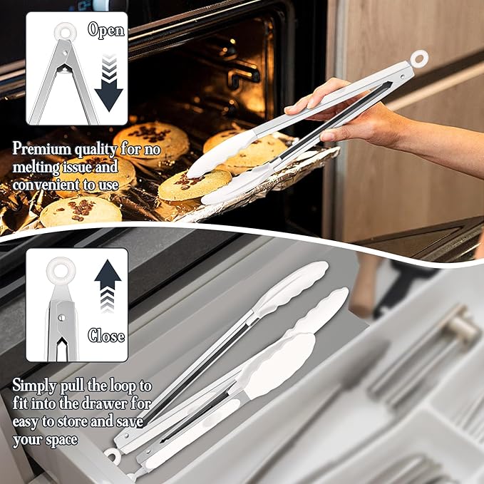 TeamFar Kitchen Tongs, 9" and 12" Stainless Steel Cooking Tongs with Silicone Tips for Cooking Grilling Serving & BBQ, Heat Resistant Silicone Tongs, Locking Design & Dishwasher Safe, Set of 2 & White