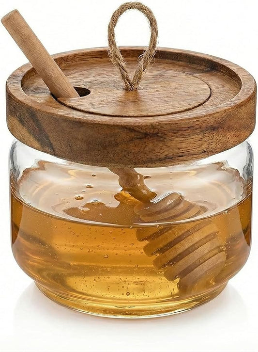 Honey Jar Pot Glass Holder Dispenser Set with Wooden Dipper Stick and Acacia Lid Cover for Home Kitchen, Clear, Modern Honey Syrup Glass Container for Storage Gift, Honey Pot and Drizzler (9 Oz)