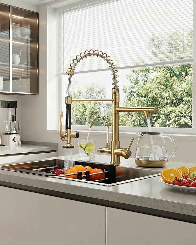 Fapully Commercial 3 Way Kitchen Faucets with Pull Down Sprayer and Water Filler,3 in 1 Kitchen Sink Faucet with Drinking Water Faucet Brushed Gold