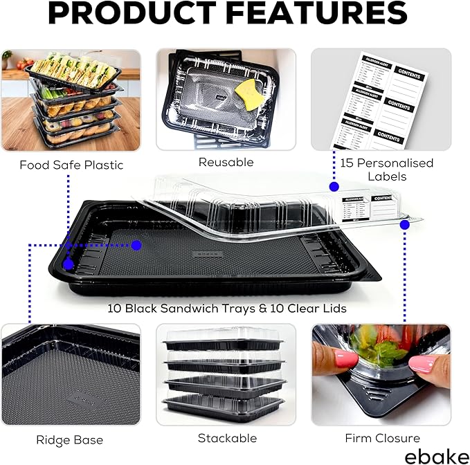 10 Pack Catering Trays with Lids – 15" Serving Tray with Lid, Heavy Duty Recyclable Plastic Party Platters for Catering, Buffet, Picnics & Events – Food Tray with Clear Lid (15.35 × 11.42 × 2.95 inch)