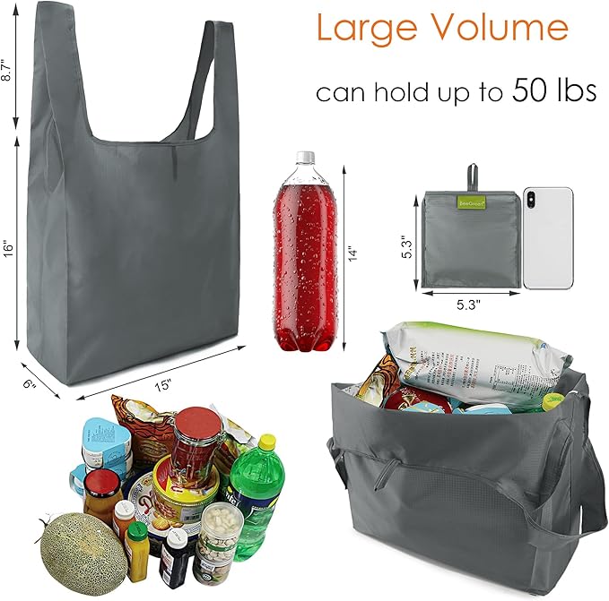 BeeGreen Grey Reusable Shopping Bags Wholesale Gray Reusable Grocery Bags Bulk Foldable-Machine Washable with Zipper Storage Pouch 20 Pieces