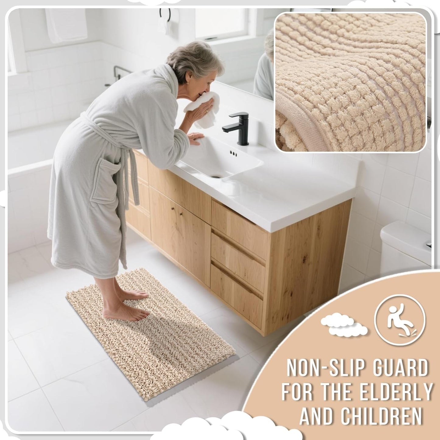 Yimobra Bathroom Rugs Non Slip Washable 24x17 Inch - Ultra Soft Absorbent Chenille Bath Mat, Quick Dry Shaggy Floor Carpet for Tub Shower, Light Brown Home Decor Accessories