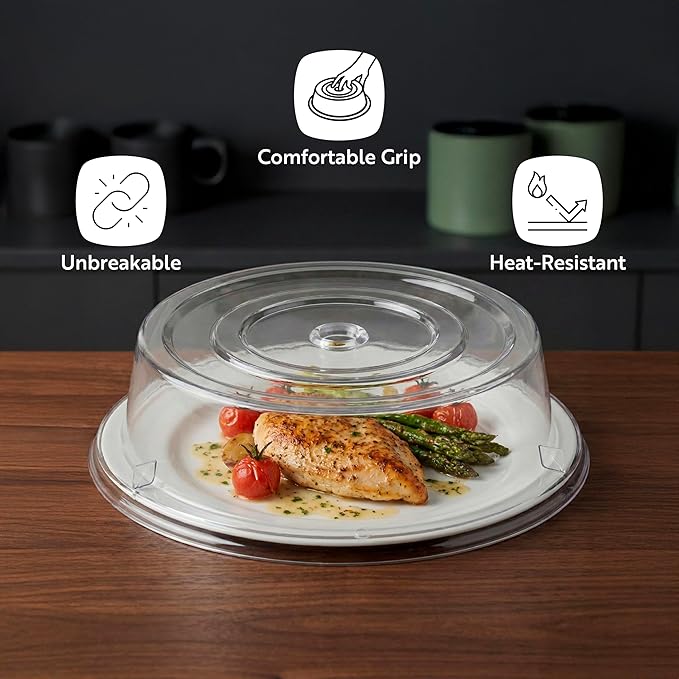 Restaurantware Cater Tek 10.2 Inch Polycarbonate Plate Cover 1 Shatterproof Dish Cover - Dishwashable Endures Up To 210F Clear Plastic Splatter Cover With Finger Hole For 10-Inch Plates