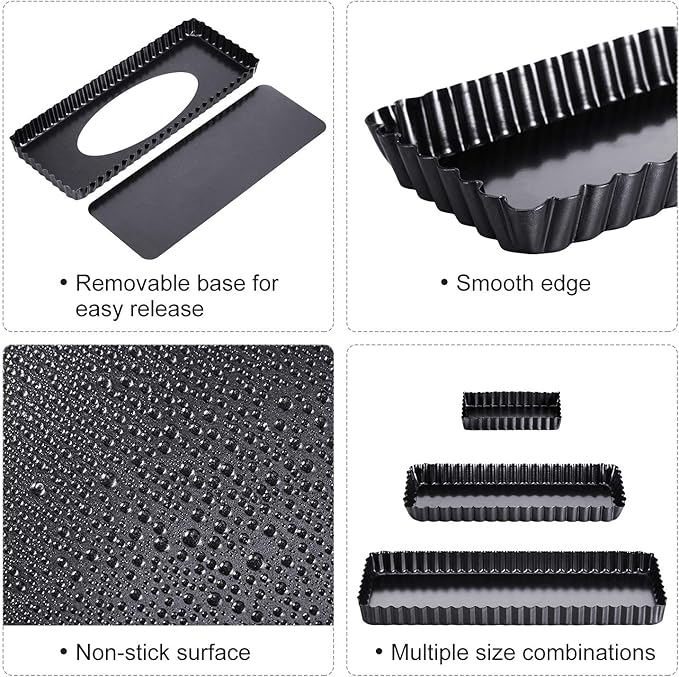 Boao 3 Pcs Rectangular Tart Pans 14‘'/10‘'/4‘' Nonstick Quiche Pan with Removable Loose Bottom Fluted Edges for Thanksgiving Christmas Pies, Biscuits, Cakes, Desserts, Bread