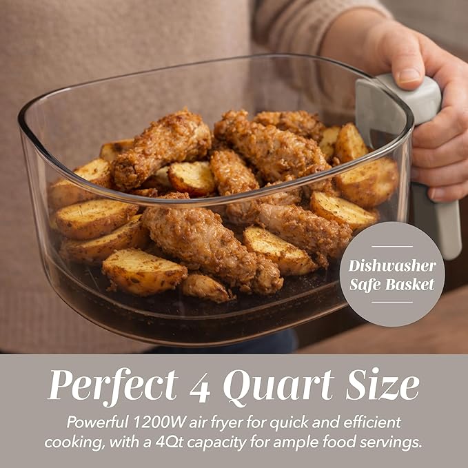 COOK WITH COLOR Colorful 1200W 4Qt Air Fryer: Glass Basket, Dishwasher Safe, 60min Timer, 6 Presets, Temp Control 175F-400F, 4 QT, Greige