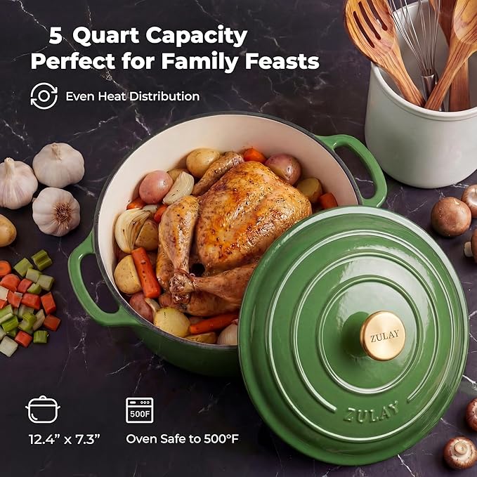 Zulay Kitchen 5 Quart Enameled Cast Iron Dutch Oven Pot with Lid – Premium Durability & Oven Safe up to 500°F – Heavy Duty Cookware Perfect for Bread Baking, Stews, Braising & Roasting – Green