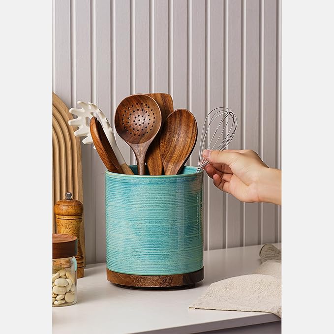 Utensil Holder, 360° Rotating Extra Large Ceramic Kitchen Utensil Holder for Countertop, Cooking Utensil Crocks for Counter with Rotatable Wooden Base, Farmhouse Kitchen Decor, Green