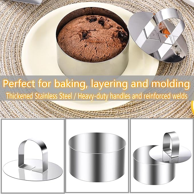DATANYA Round Cake Ring Molds, 3 Inch Stainless Steel Food Rings Mold with Pushers 3 ‘’ Crumpet Tart Rings for Tuna Tartare, Dessert Cooking (6 Rings & 2 Pushers)