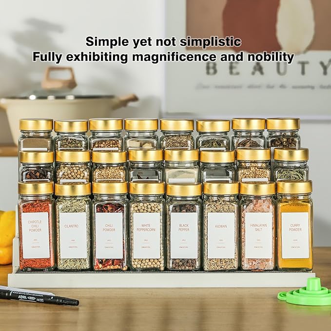 Gold Spice Jars with Label，4oz Seasoning Containers, Glass Spice Bottles with Shaker Lids,Funnel, Chalk Pen for Cabinet，Drawer，Rack(24)