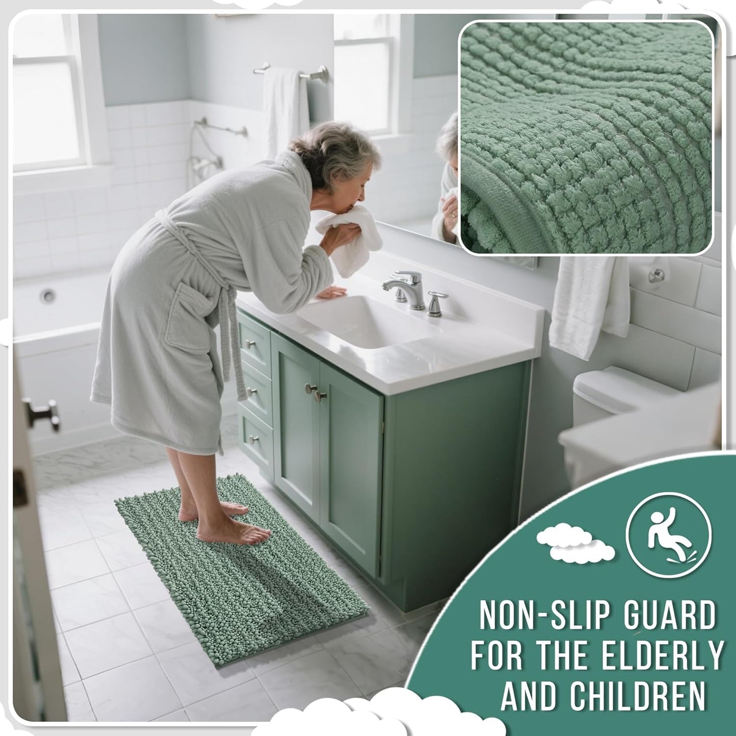 Yimobra Bathroom Rugs Non Slip Washable 24x17 Inch - Ultra Soft Absorbent Chenille Bath Mat, Quick Dry Shaggy Floor Carpet for Tub Shower, Green Home Decor Accessories