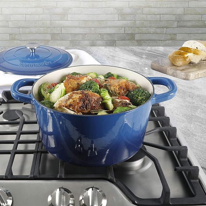 Crock-Pot Artisan 7-Quart Round Enameled Cast Iron Dutch Oven – Sapphire Blue, Durable Heavy-Duty Cookware for Slow Cooking, Baking, Roasting with Lid