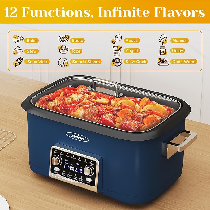 Sunvivi 8 Quart Slow Cooker Roaster Oven, 12 in 1 Programmable Multi-Cooker Food Warmer with Digital Timer, Temp Control, Removable Cast Aluminum Pot & Dishwasher-Safe Tempered Glass Lid, Blue